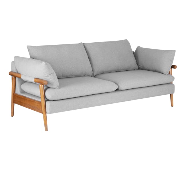 Astrid 3 Seater Sofa - Natural, Slate - 4 - Modern gray sofa with wooden armrests and cushions, minimalist design, neutral