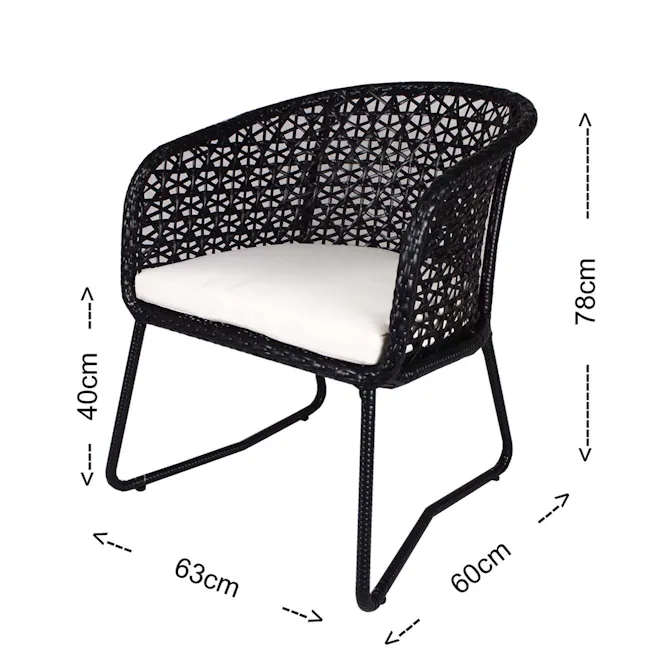 Horizon Patio Set - Cream Cushion - 8 - Woven black chair, 40 cm seat height, 63 cm overall height, 60 cm backrest height