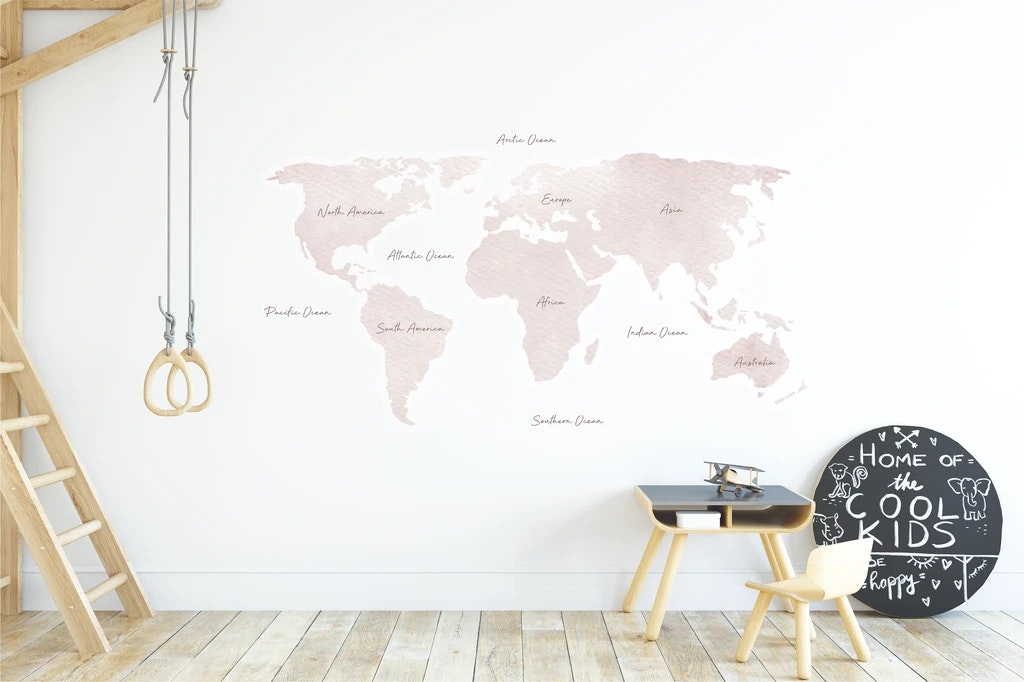 Urban Li'l Watercolour World Map Fabric Decal (180cm) Blush, Urban Li