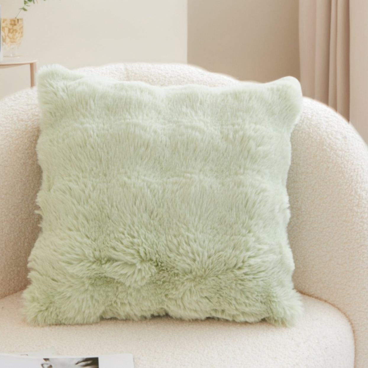 Luxe Faux Fur Cushion Cover Light Green, Cushion Covers by