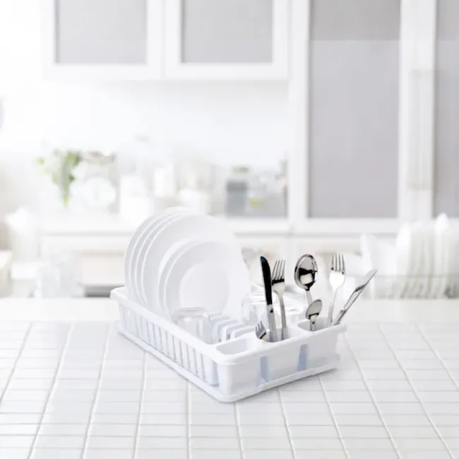 Tatay Dishdrainer Tray - White - 5 - White kitchen countertop, dish rack, neatly organized dishes, stainless steel utensils