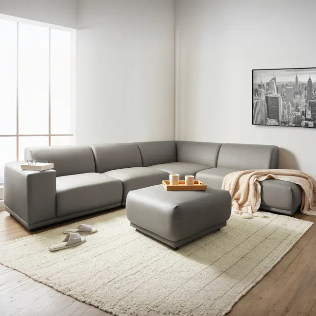 Milan 3 Seater Corner Extended Sofa - Smokey Grey (Faux Leather) - 3 - Modern living room, gray sectional sofa, minimalist