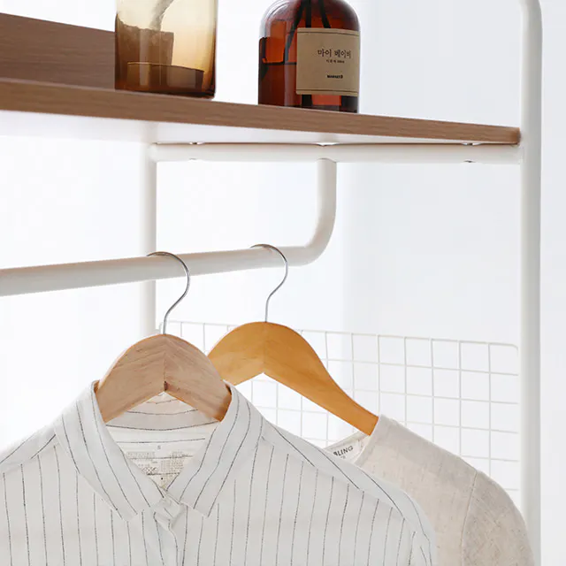 Sophie Open Wardrobe with 2 Shelves - Oak - 11 - White striped shirt, wooden hanger, neatly hung, modern closet, minimalist