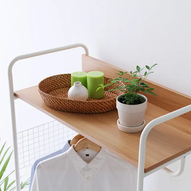 Sophie Open Wardrobe with 2 Shelves - Oak - 10 - Woven basket, green candles, white vase, wooden shelf, minimalist design