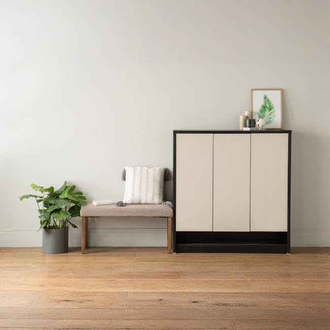 Harvey 3 Door Shoe Cabinet - Black, Grey - 2 - modern minimalist interior, cozy living room, floating cabinet, beige and
