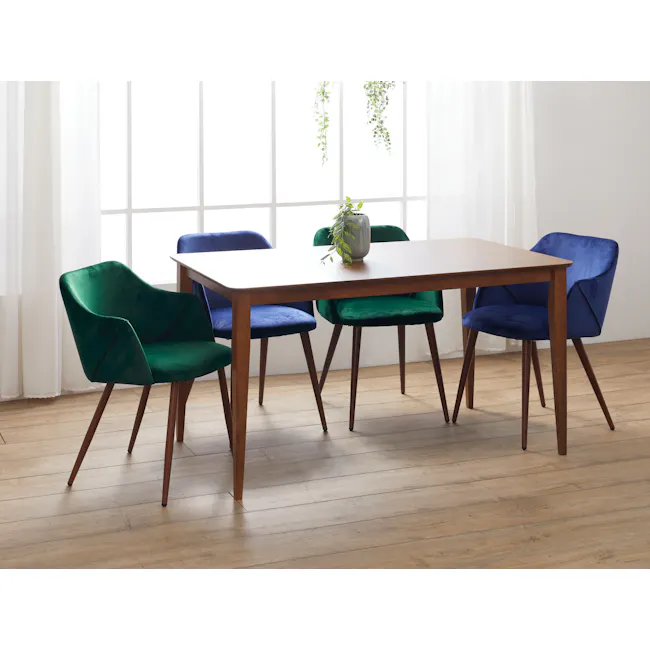 Lydia Dining Armchair - Walnut, Pine Green (Velvet) - 4 - Green upholstered chairs, wooden table, white curtains, natural