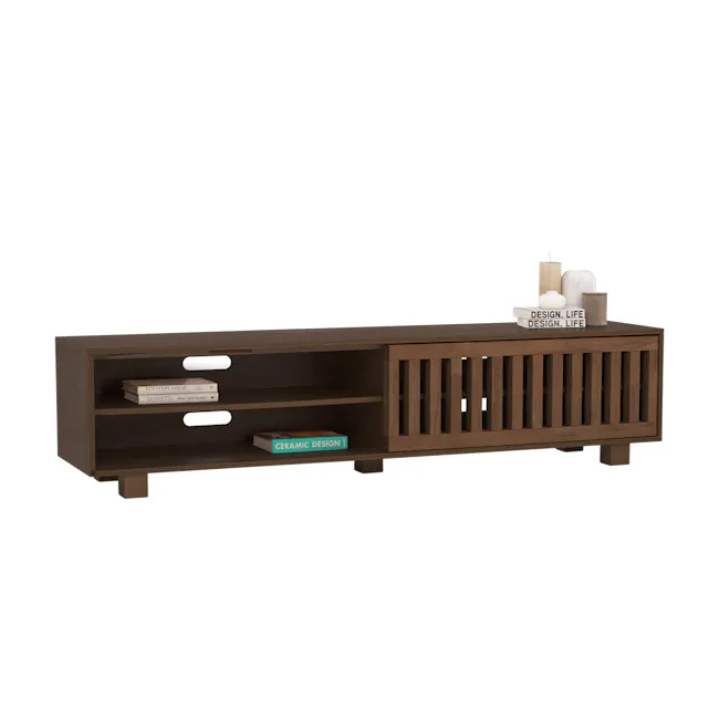 Keita TV Console 1.8m - Walnut - 3 - Wooden TV stand with built-in shelves, minimalist design, dark brown finish, vertical