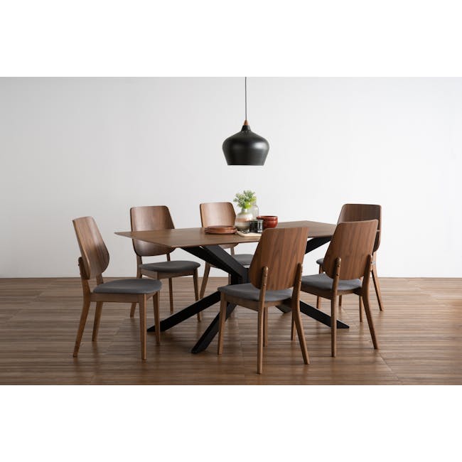 Lofti Dining Chair - Cocoa, Battleship Grey - 2 - Modern dining room with sleek wooden chairs and a black pendant light