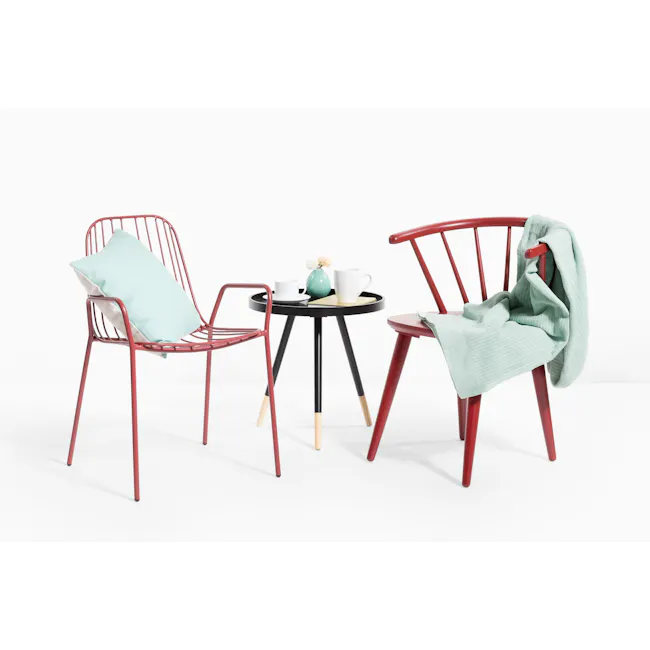 Innis Side Table - Black, Natural - 4 - Red metal chair, light blue cushion, black and red table, white coffee cup, teal
