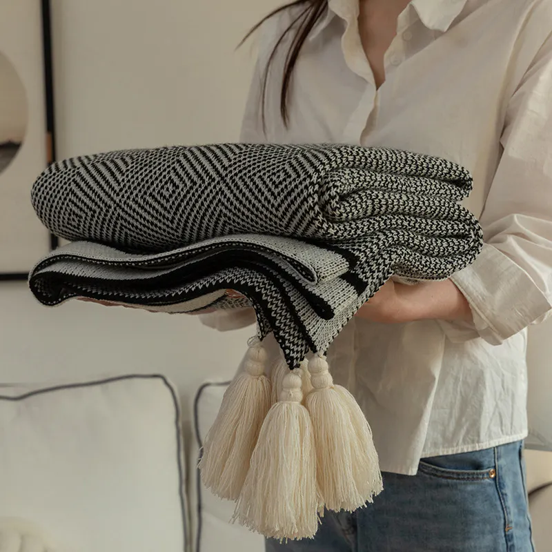 Hetty Throw - Black, White - 11 - gray and black herringbone patterned throw blanket, folded herringbone patterned throw