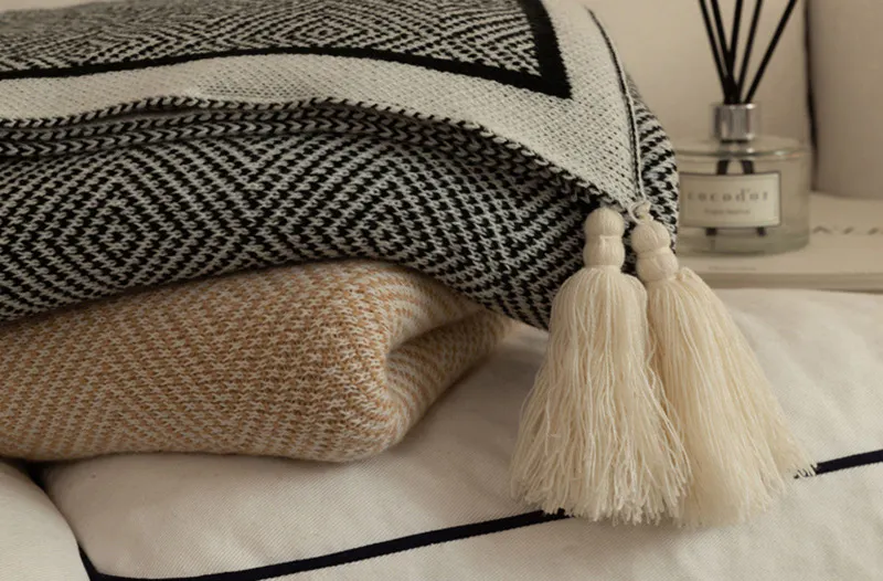 Hetty Throw - Black, White - 12 - herringbone-patterned throw blanket, cream and black houndstooth, textured fabric, soft