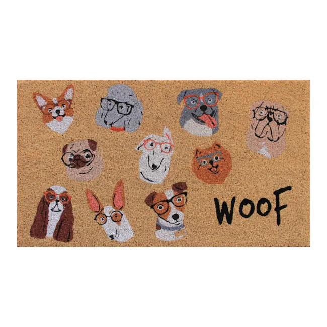 Woof Squad Coir Door Mat - 1 - Dog-themed cactus rug with playful designs, Cartoon-style dog faces on cactus surface