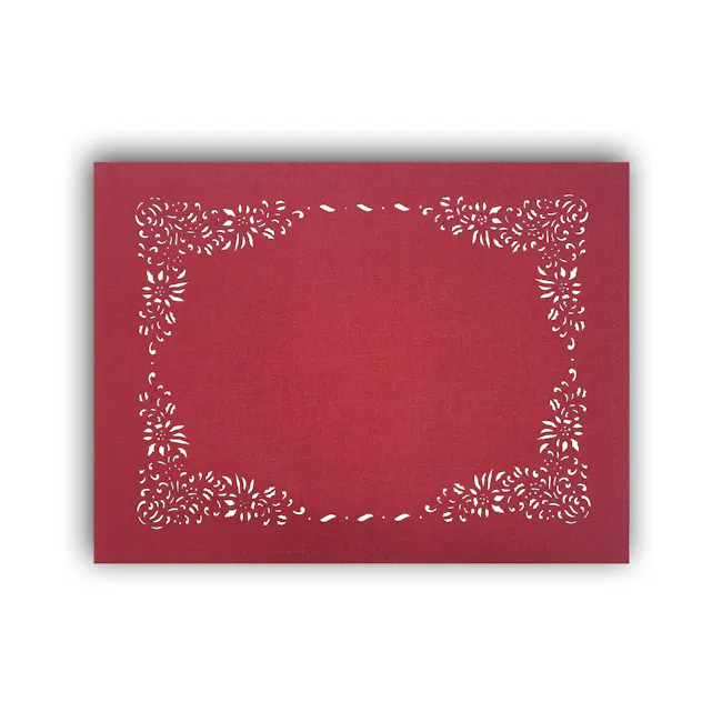 RAPEE Jardin Placemat - Red - 1 - Red textured fabric, intricate white floral patterns, elegant border design, soft texture