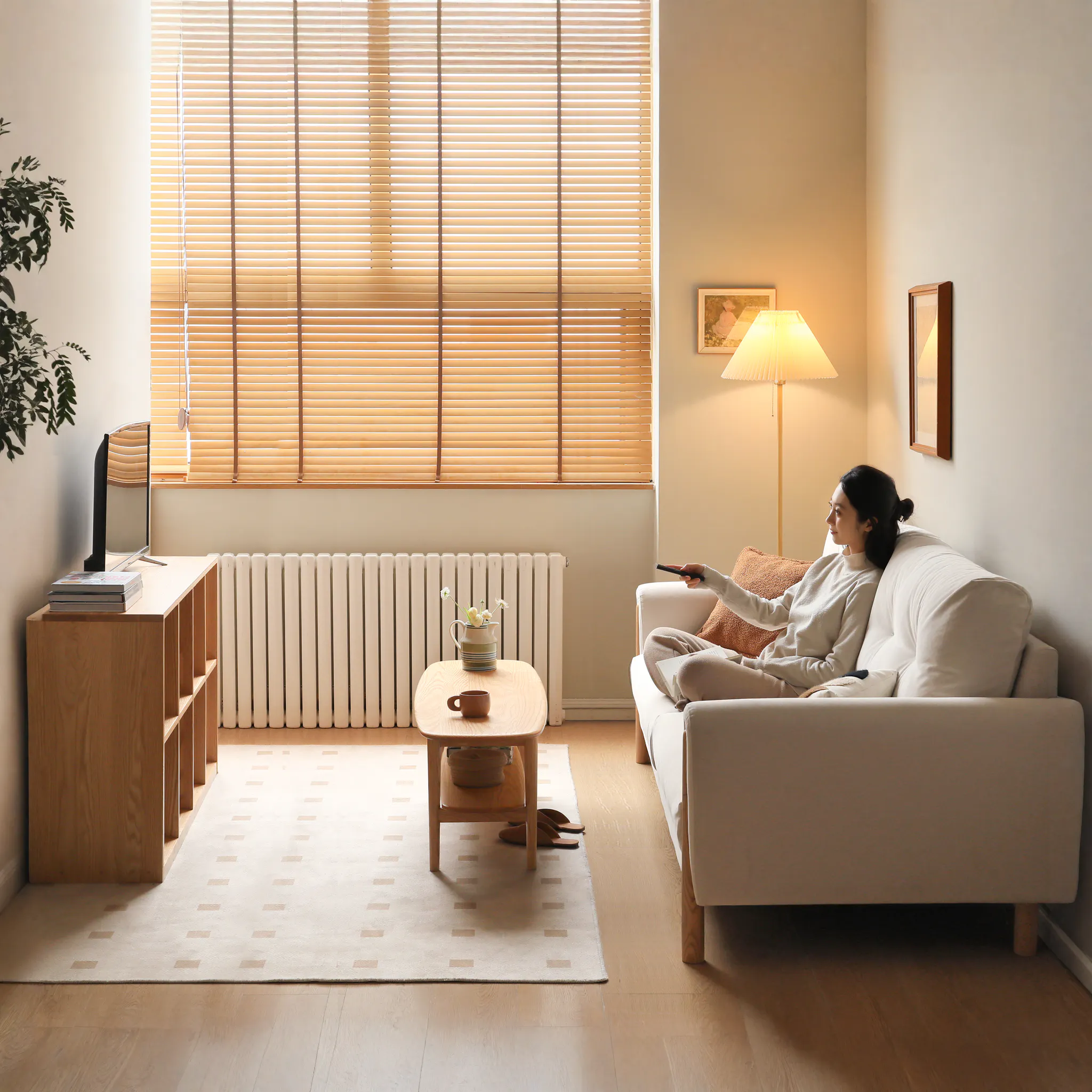 Nigel Narrow Coffee Table 1m - 10 - Wooden blinds, beige wall, white radiator, wooden shelf, stack of books, green plant