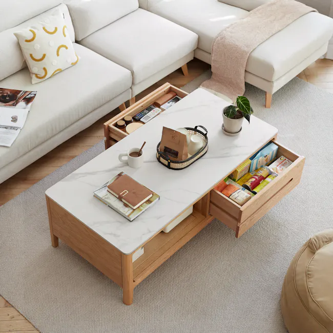 Devin Coffee Table 1.2m (Sintered Stone) - 19 - White sofa, beige cushions, wooden coffee table, marble top, open drawer
