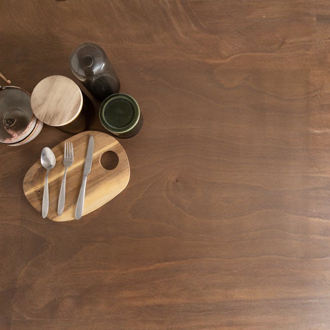 Harold Dining Table 1.2m - Cocoa - 7 - Wooden table, minimalist design, wooden tray, silverware set, wooden cutting board