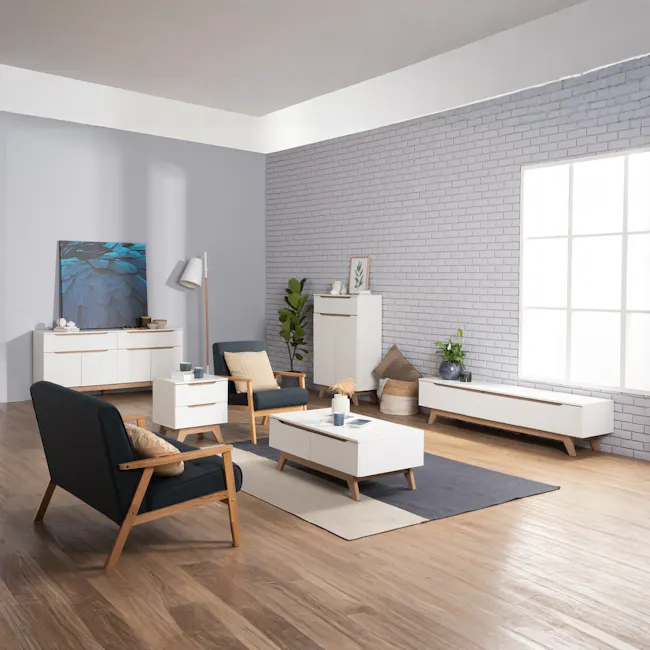 Nolan King Bed in Hailstorm with 2 Miah Bedside Table in White - 16 - Modern minimalist living room with gray brick wall