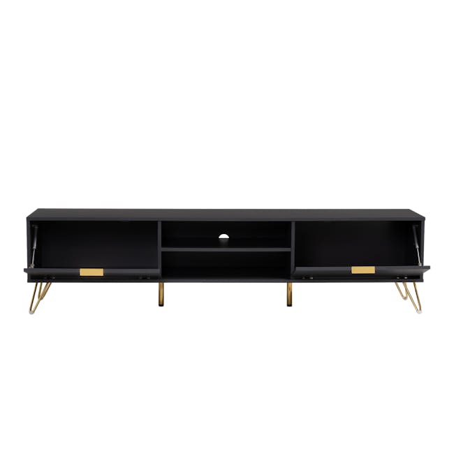 Volos TV Console 1.8m - 6 - Black entertainment center with gold accents, minimalist design, open shelving, sleek lines