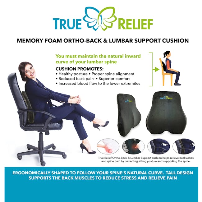 True Relief Ortho-Back & Lumbar Support Memory Foam Cushion - Charcoal Grey - 1