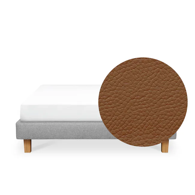 ESSENTIALS Queen Divan Bed - Tan (Faux leather) - 1 - White mattress, gray upholstered frame, wooden legs, circular brown
