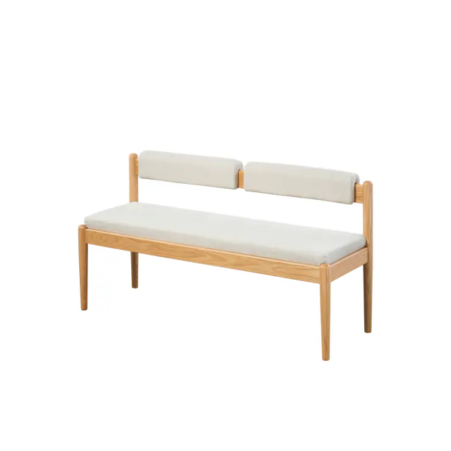 Niel Bench 1.25m - Oak, Gravel White - 1 - Wooden bench with beige cushions, minimalist design, modern aesthetic, light wood