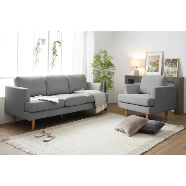 Soma 2 Seater Sofa with Soma Armchair - Grey (Scratch Resistant) - 3 - Grey sofa, light gray armchair, white rug, wooden