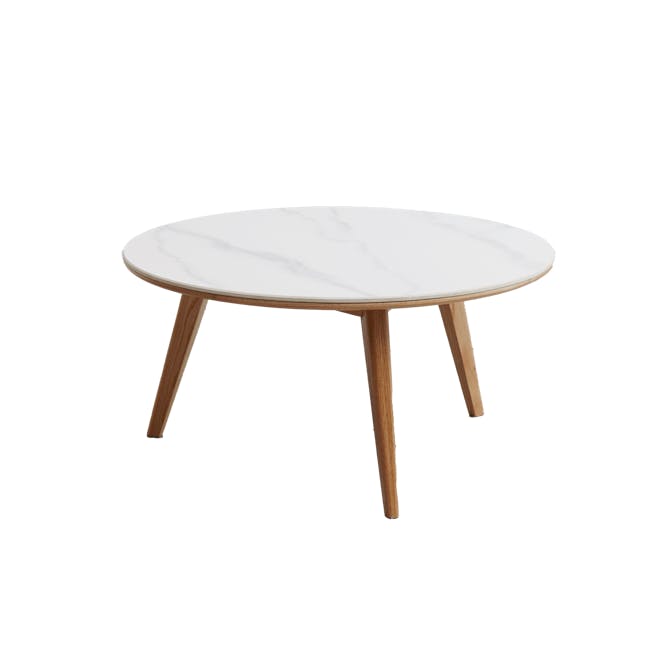 Jerry Round Coffee Table 0.8m (Sintered Stone) - 1 - Modern minimalist table, white marble top, wooden legs, geometric