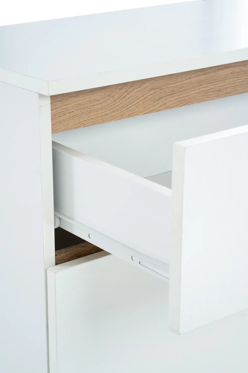 Miah Shoe Cabinet - Natural, White - 11 - White wooden shelf, minimalist design, clean lines, simple structure, open drawer