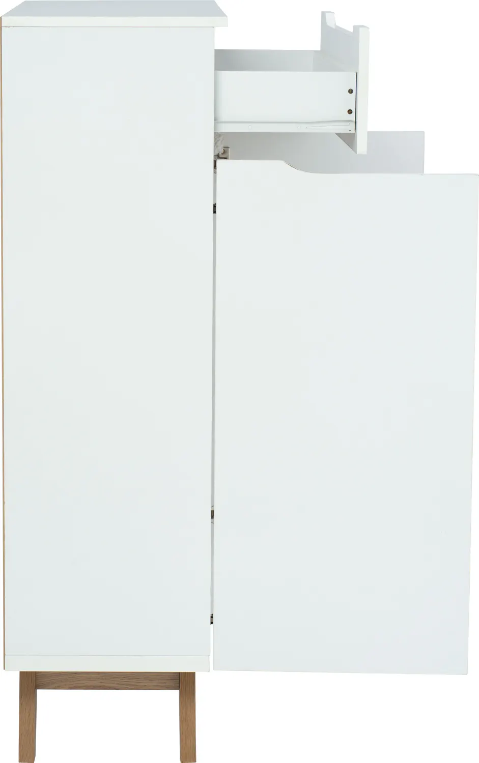 Miah Shoe Cabinet - Natural, White - 9 - White minimalist cabinet with wooden legs, open side panel, built-in shelving unit