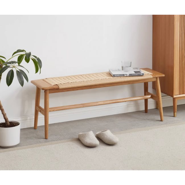 Lucille Bench 1.1m - 7 - Wooden bench, minimalist design, natural wood finish, light wood texture, woven seat, small potted