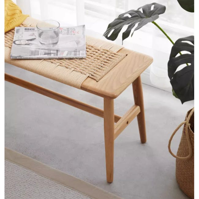 Lucille Bench 1.1m - 3 - Light wood wooden stool, minimalist design, woven seat, natural light, indoor setting, cozy