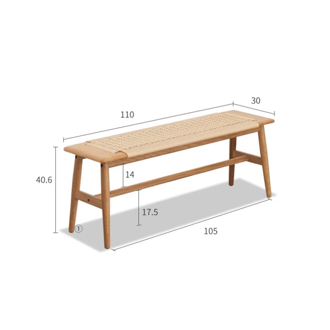 Lucille Bench 1.1m - 12 - Wooden bench, 110 cm wide, 14 cm seat height, 5 cm leg length, 6 cm depth, 30 cm backrest, 105 cm