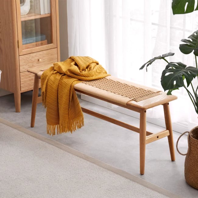 Lucille Bench 1.1m - 10 - Wooden bench, mustard yellow blanket, woven mat, natural light, minimalist decor, cozy atmosphere