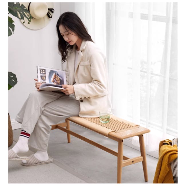 Lucille Bench 1.1m - 4 - Elegant woman reading a magazine indoors, Minimalist interior with natural light, Light-colored