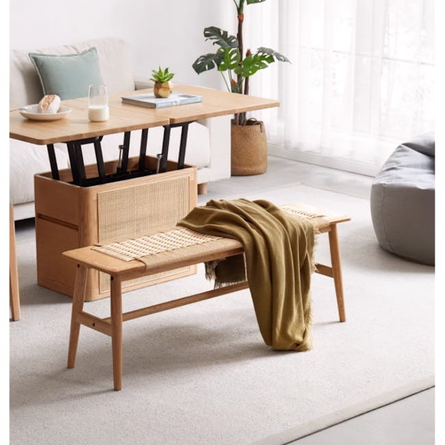 Lucille Bench 1.1m - 5 - Wooden bench, minimalist design, cozy seating, natural light, soft rug, indoor plant, modern decor