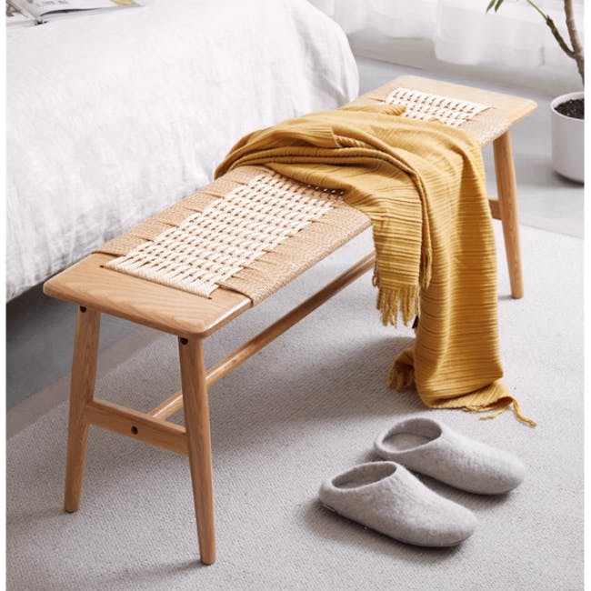 Lucille Bench 1.1m - 2 - Wooden bench, mustard yellow blanket, woven mat, cozy setting, soft cushions, light gray slippers