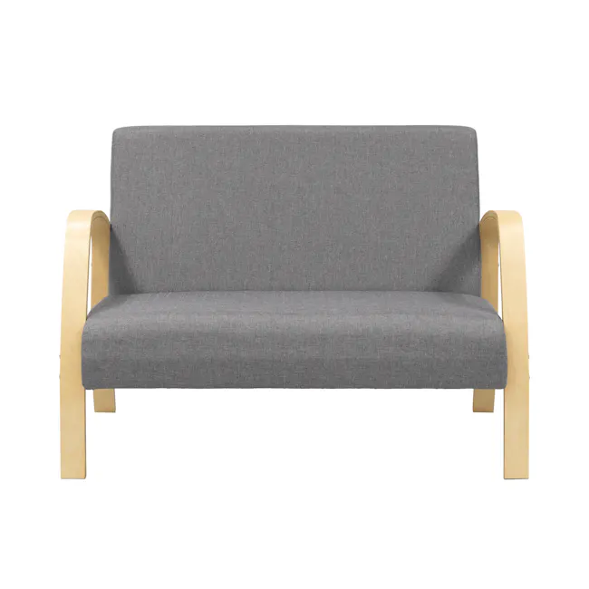 Mizuki 2 Seater Sofa - Grey - 11 - Gray upholstered sofa with light wooden armrests and legs, minimalist design, modern