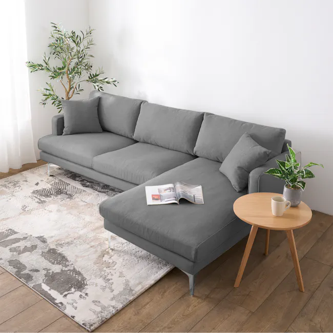 Declan L-Shaped Sofa - Black, Charcoal Grey - 23 - Modern gray sofa, minimalist decor, cozy living room, soft natural light