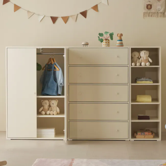 Rio Modular 5-tier Shelf 0.4m - 5 - Children's wardrobe with open doors, beige color scheme, hanging clothes, blue denim