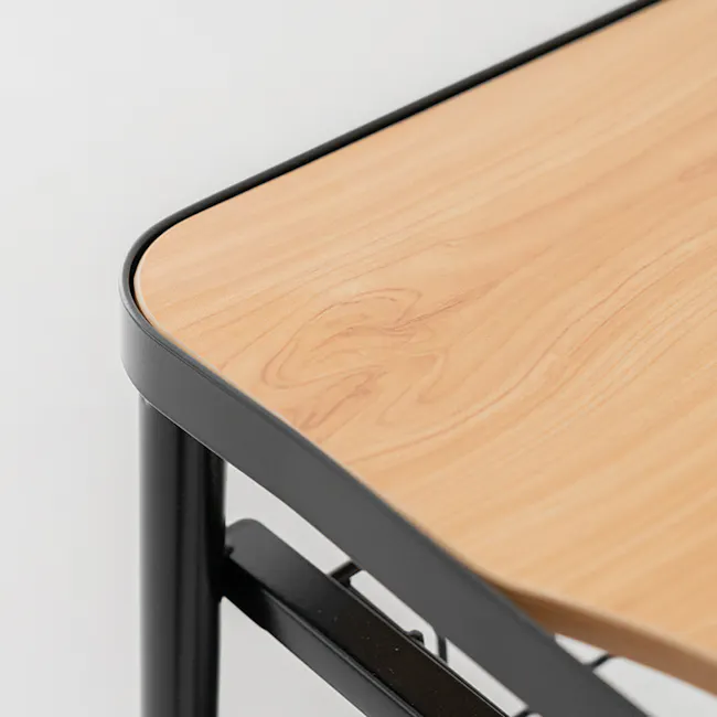 Moblac 3 Tier Trolley - Black - 5 - Wooden table with black metal frame, minimalist design, natural wood grain, light wood