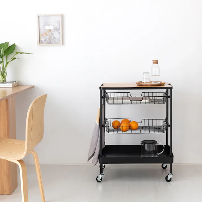 Moblac 3 Tier Trolley - Black - 3 - Modern minimalist kitchen, wooden dining table, green plant, white wall, light wooden