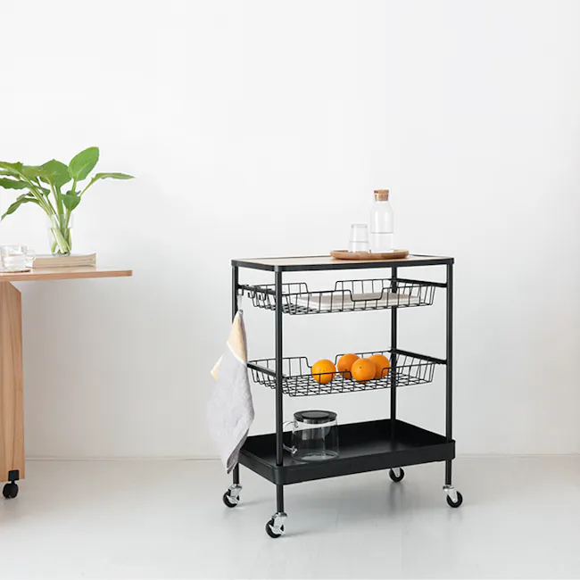 Moblac 3 Tier Trolley - Black - 2 - modern kitchen counter, minimalist dining cart, black rolling kitchen cart, white wall