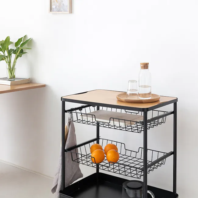 Moblac 3 Tier Trolley - Black - 4 - Organized kitchen cart, minimalist design, black metal frame, open shelving, wooden top
