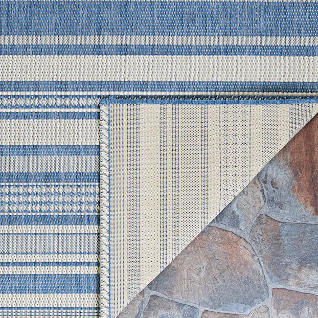 Gazebo Stripe Flatwoven Rug - Champagne Blue (3 Sizes) - 5 - striped blue and white fabric, woven texture, patterned rug