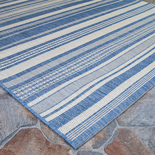 Gazebo Stripe Flatwoven Rug - Champagne Blue (3 Sizes) - 3 - Blue and white striped rug, textured fabric, woven design