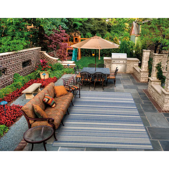 Gazebo Stripe Flatwoven Rug - Champagne Blue (3 Sizes) - 2 - Garden patio, outdoor seating, patio furniture, patterned sofa