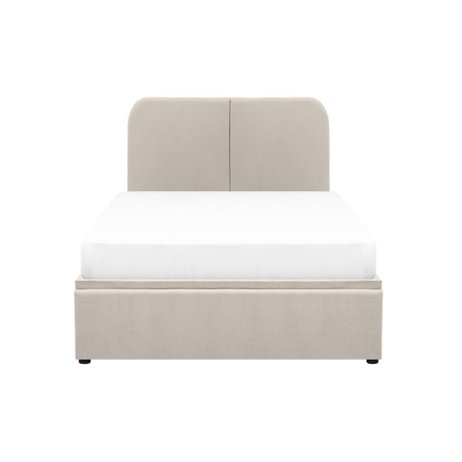Nolan Super Single Storage Bed - Oatmeal - 1 - Modern minimalist bed with beige upholstered headboard and white bedding