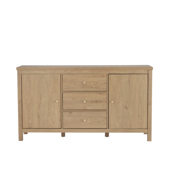 Rhodes Sideboard 1.6m - 7 - Light wood cabinet with three drawers, light brown finish, minimalist design, natural wood