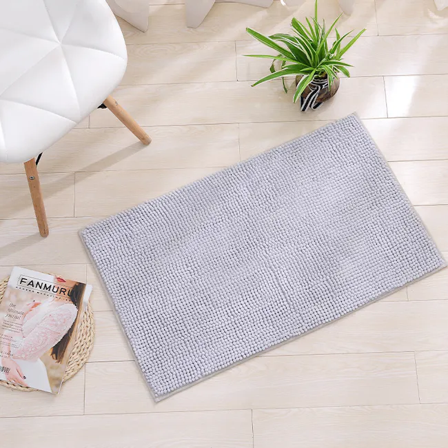 Cora Chenille Bath Mat - Light Grey - 3 - Light wood floor, white chair with wooden legs, gray textured rug, indoor setting