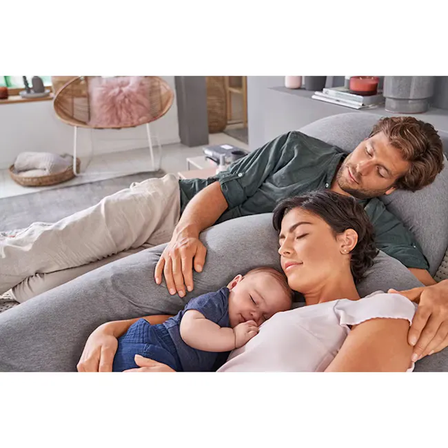 Theraline The Original Maternity and Nursing Pillow - Misty Blue Fine Knit - 8 - Family bonding, cozy living room, modern